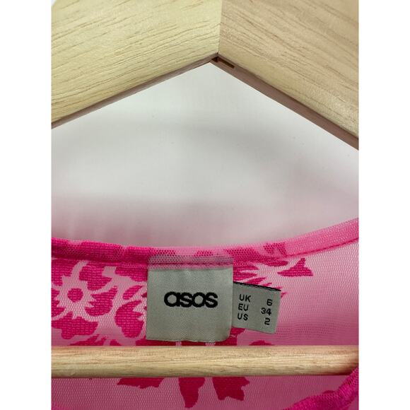 ASOS Pink Sheer Floral Short Sleeve Crew Neck Babydoll Top Women's Size 2 - Picture 5 of 7